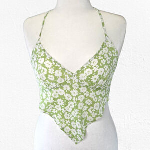 Floral Green White Handkerchief Hem V Neck Halter Tie Back Tank Top Size Large